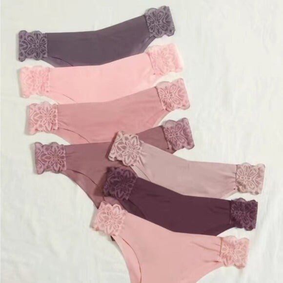 7pc Pink & Purple Satin Lace Detail Seamless Panties Set - Picture 2 of 5